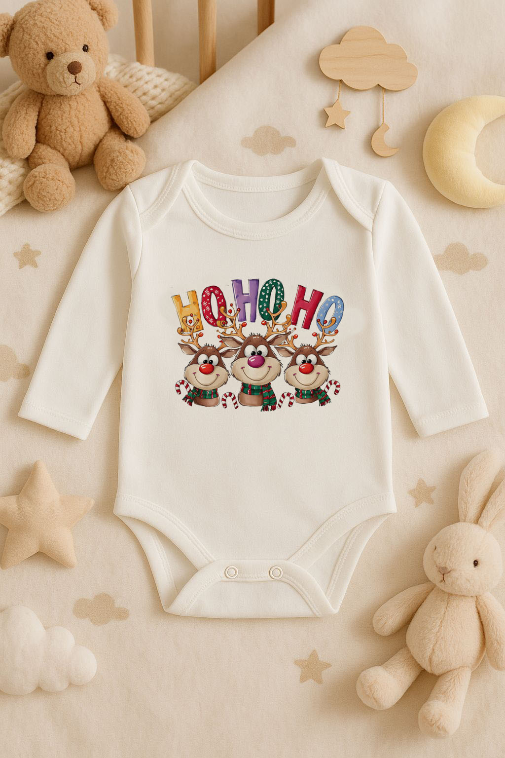 Yeni Yıl Baskılı Ekru Uzun Kol Bebek Zıbın