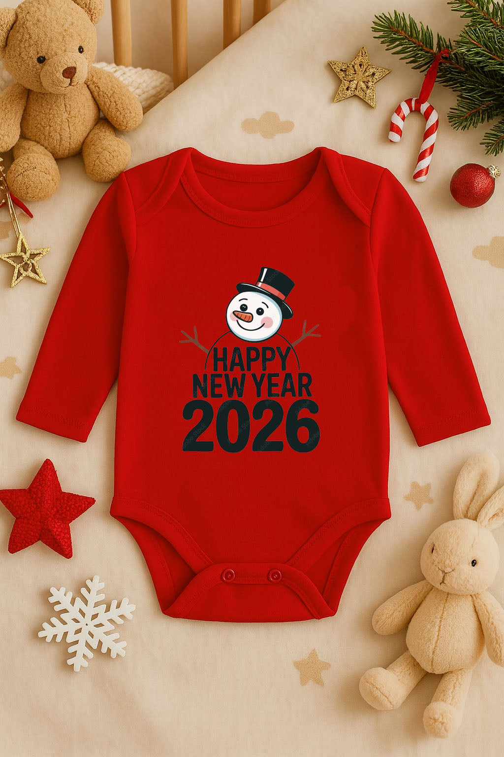 Yeni Yıl Baskılı Kırmızı Uzun Kol Bebek Zıbın