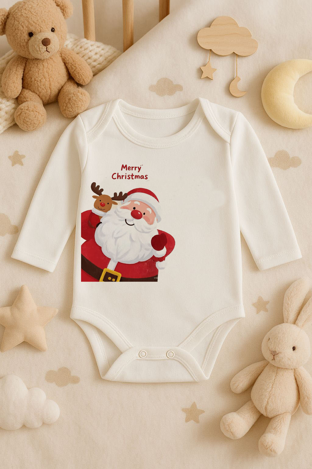 Yeni Yıl Baskılı Ekru Uzun Kol Bebek Zıbın