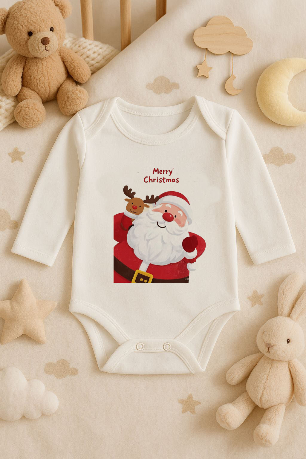 Yeni Yıl Baskılı Ekru Uzun Kol Bebek Zıbın