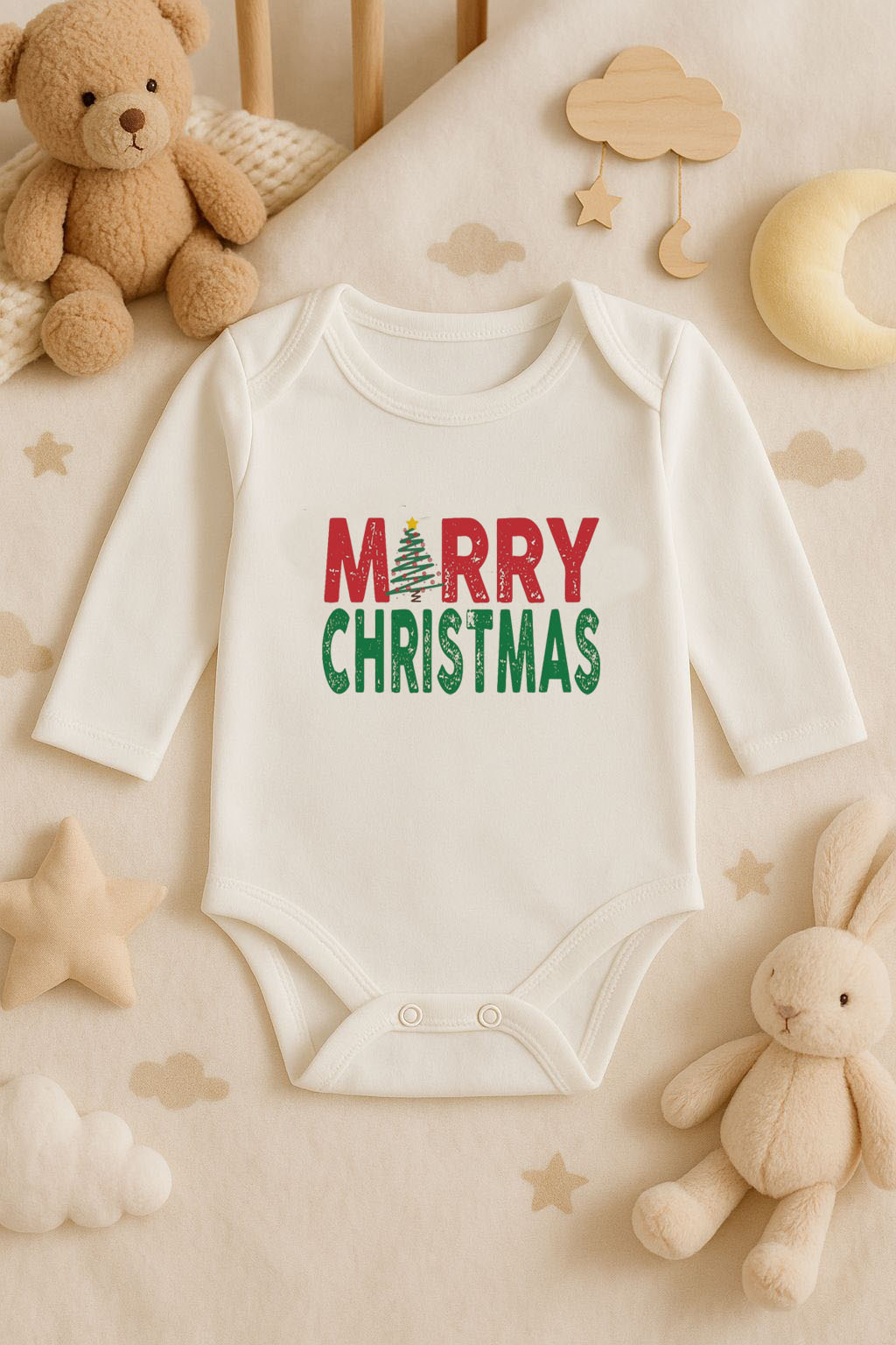 Yeni Yıl Baskılı Ekru Uzun Kol Bebek Zıbın