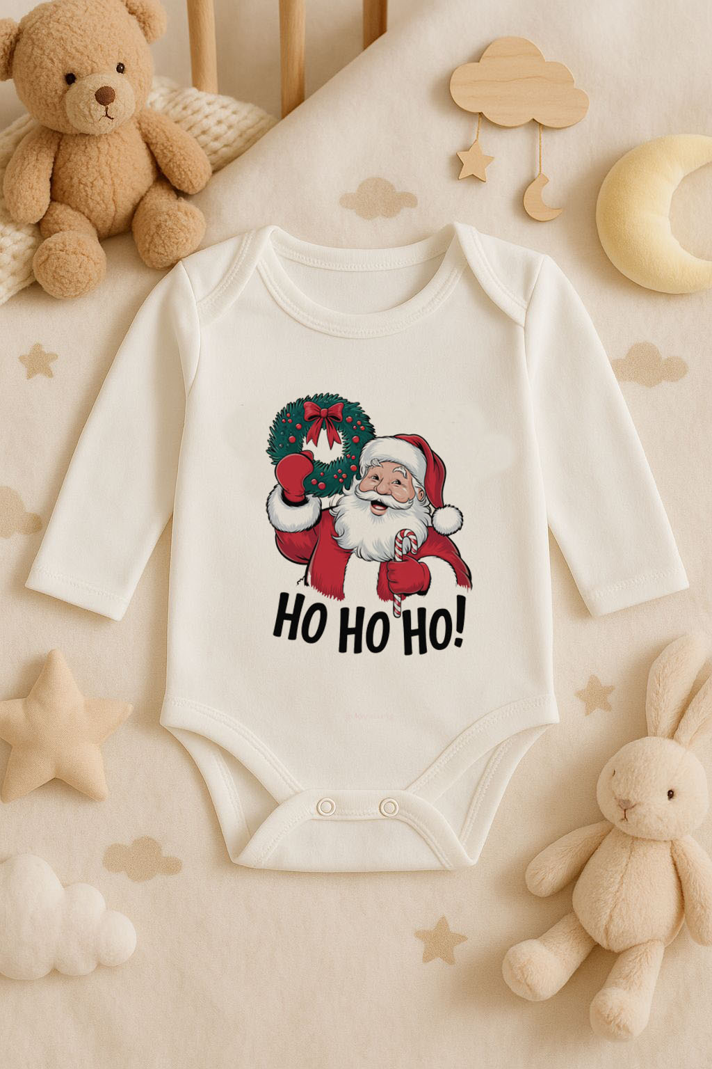 Yeni Yıl Baskılı Ekru Uzun Kol Bebek Zıbın