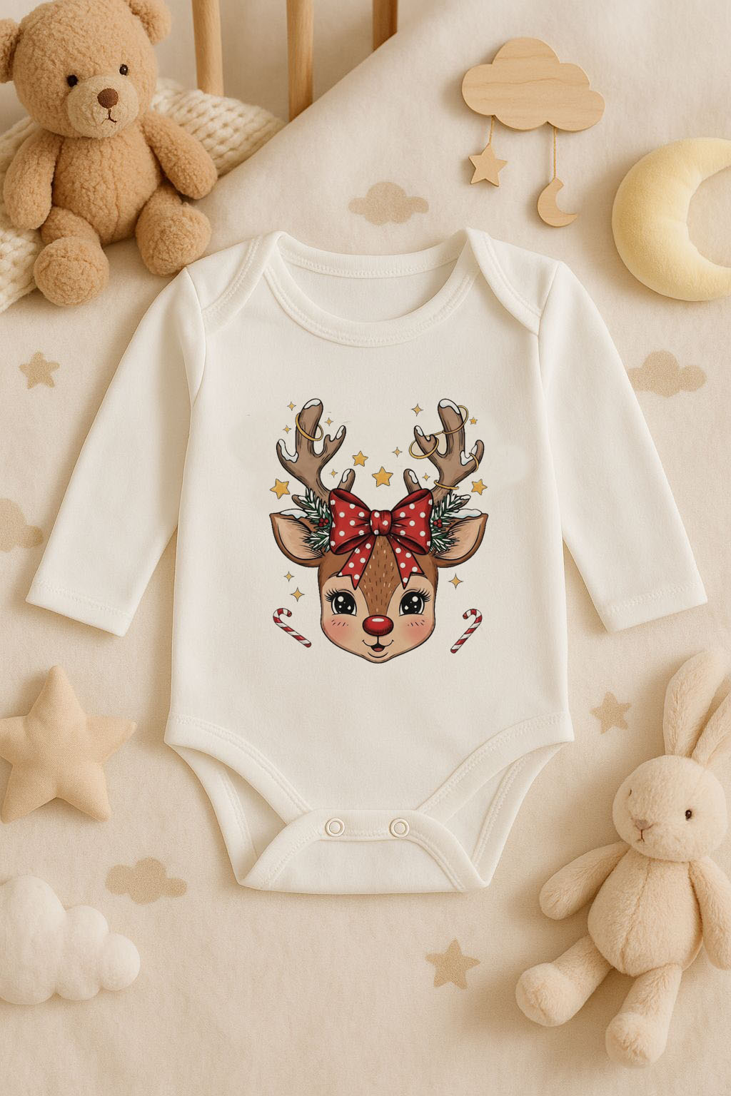 Yeni Yıl Baskılı Ekru Uzun Kol Bebek Zıbın