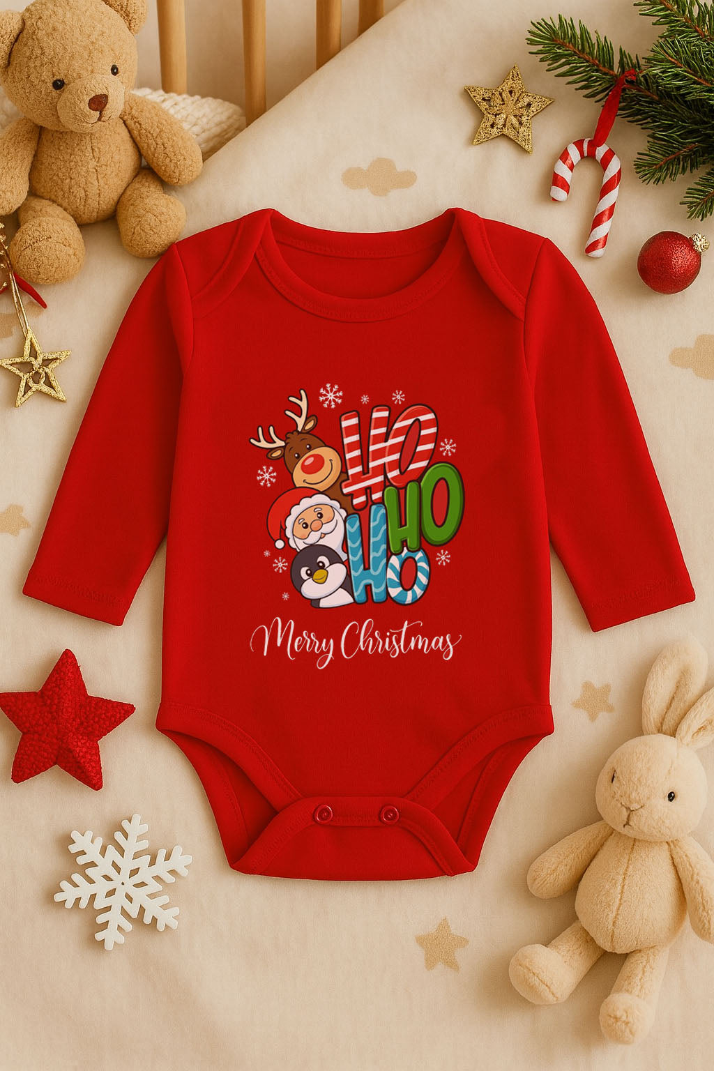 Yeni Yıl Baskılı Kırmızı Uzun Kol Bebek Zıbın