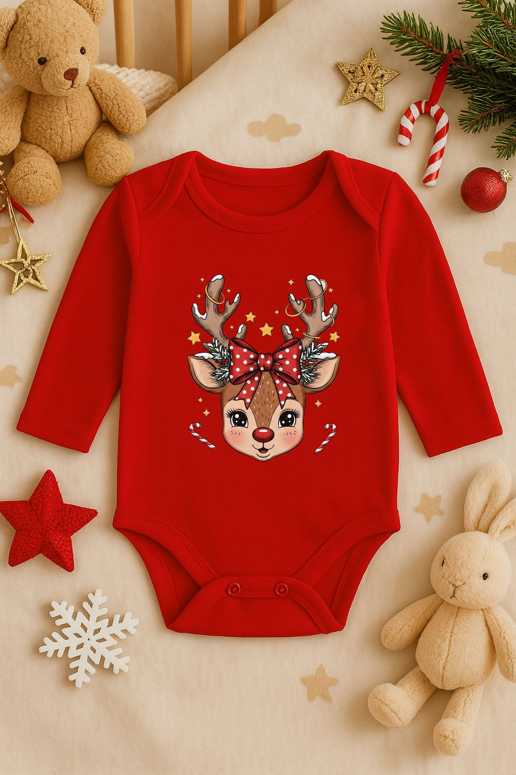 Yeni Yıl Baskılı Kırmızı Uzun Kol Bebek Zıbın