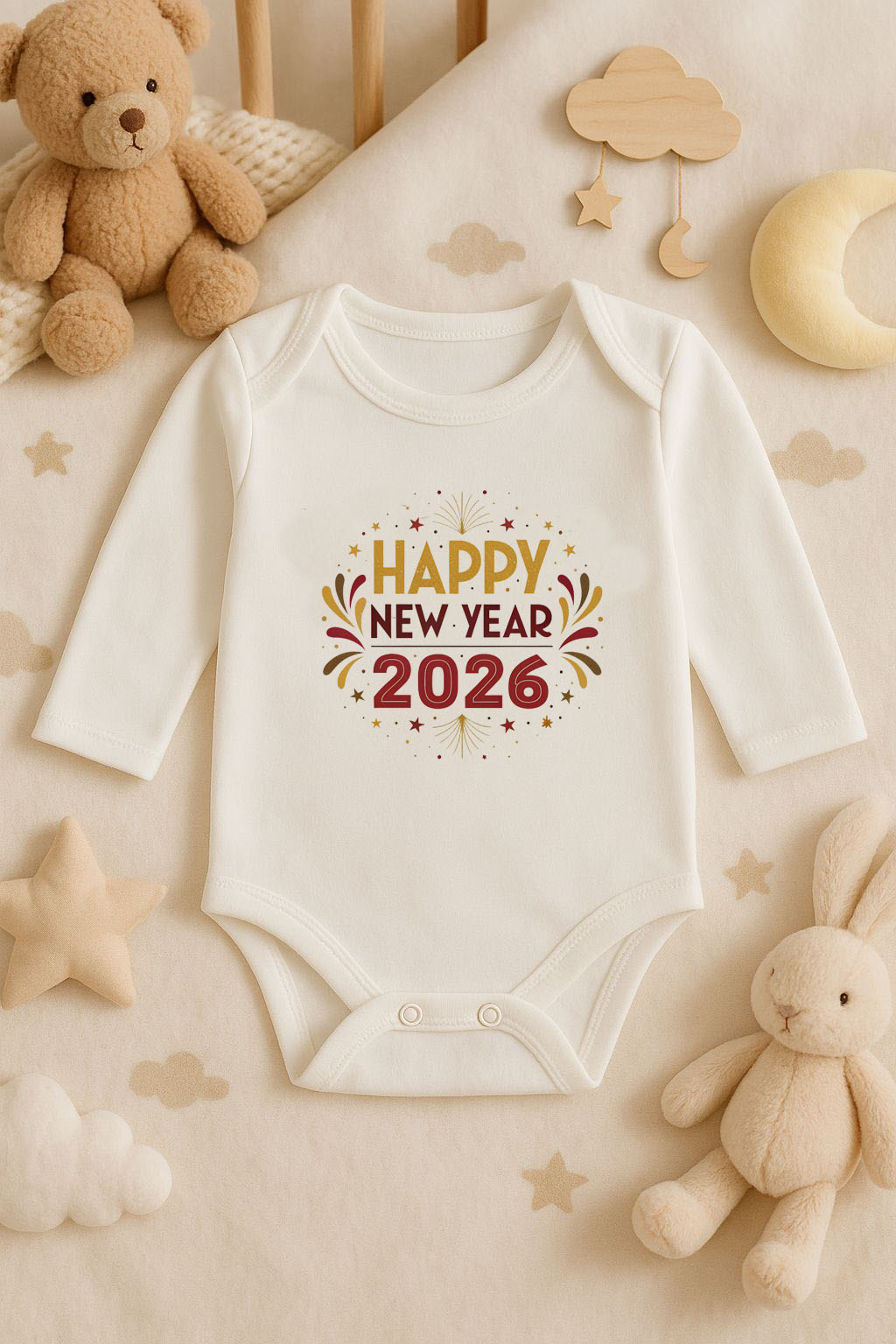 Yeni Yıl Baskılı Ekru Uzun Kol Bebek Zıbın