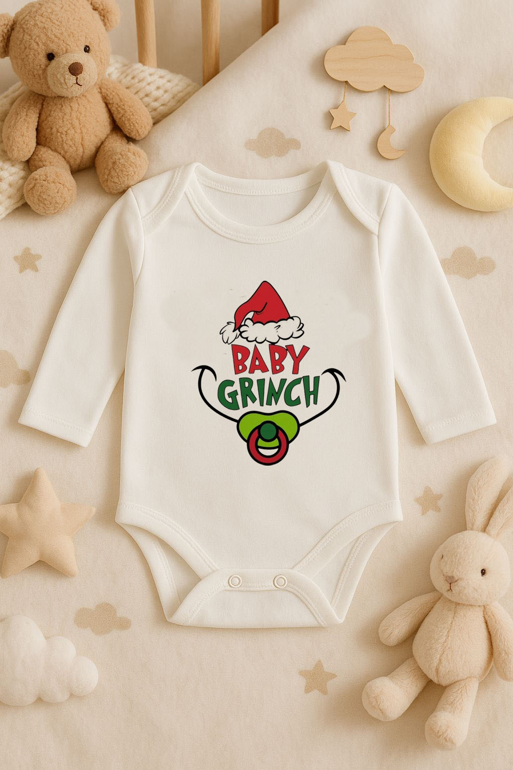 Yeni Yıl Baskılı Ekru Uzun Kol Bebek Zıbın