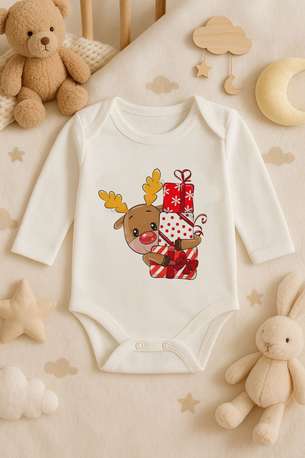 Yeni Yıl Baskılı Ekru Uzun Kol Bebek Zıbın