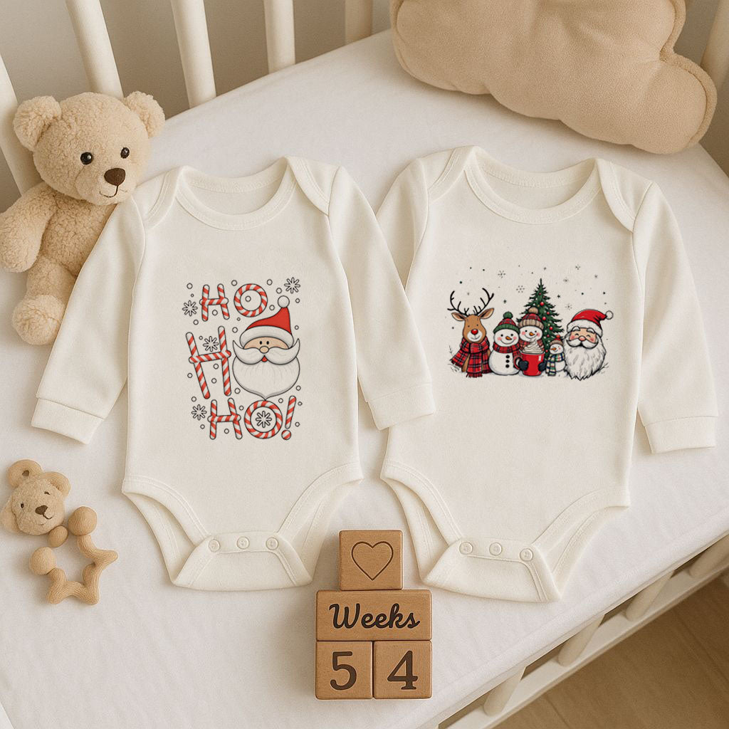 Yeni Yıl  2'Lİ set Baskılı Ekru Uzun Kol Bebek Zıbın