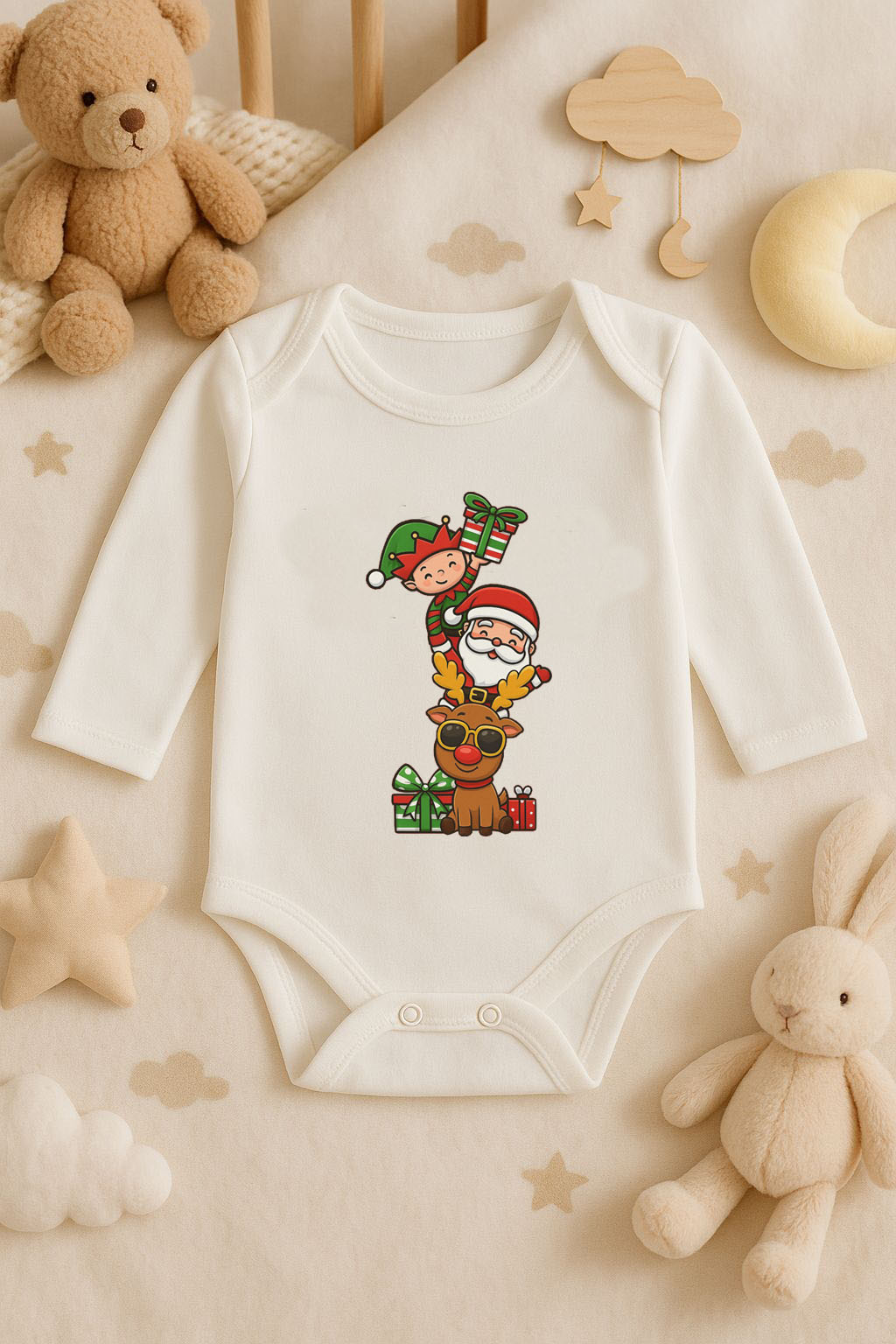 Yeni Yıl Baskılı Ekru Uzun Kol Bebek Zıbın