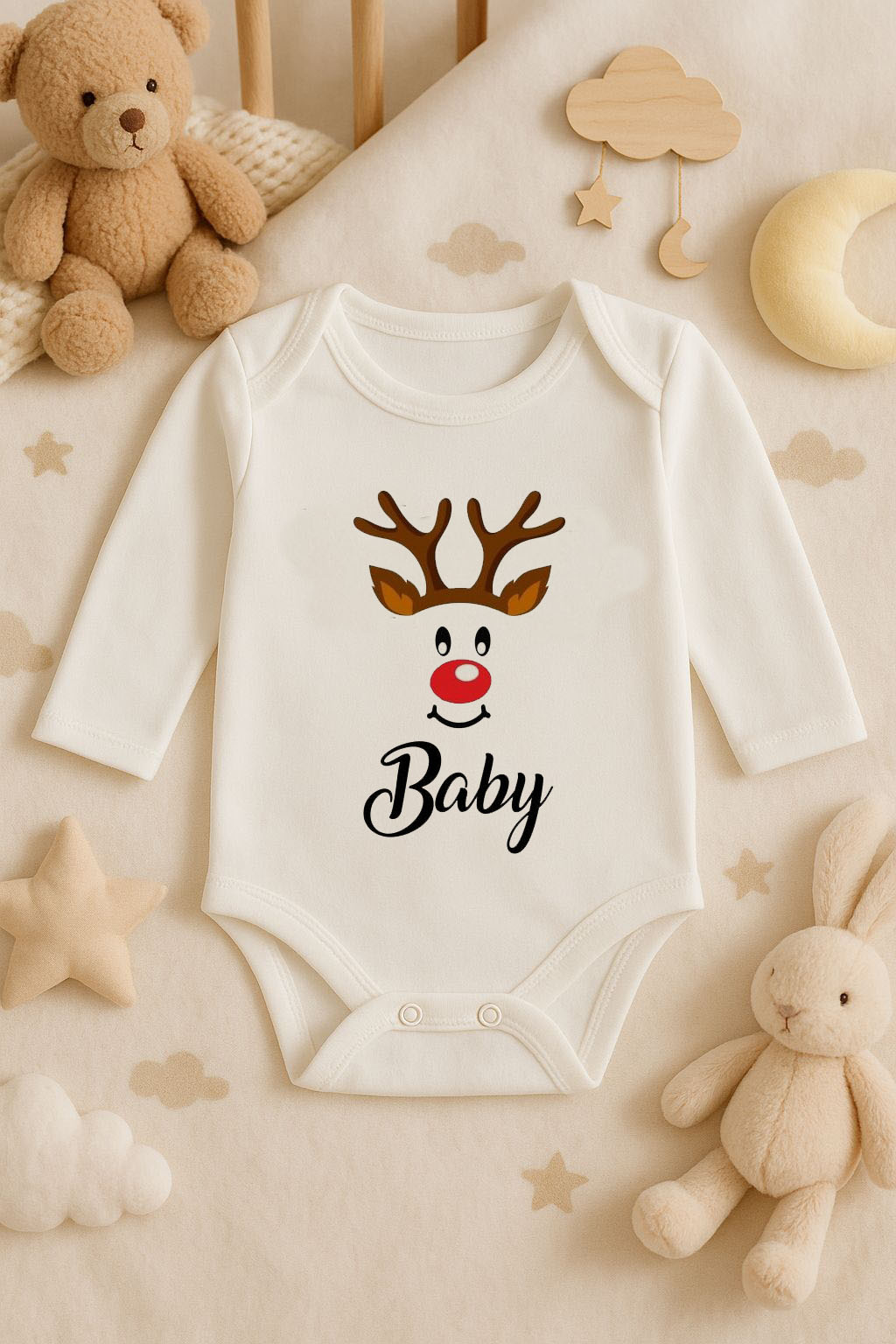 Yeni Yıl Baskılı Ekru Uzun Kol Bebek Zıbın