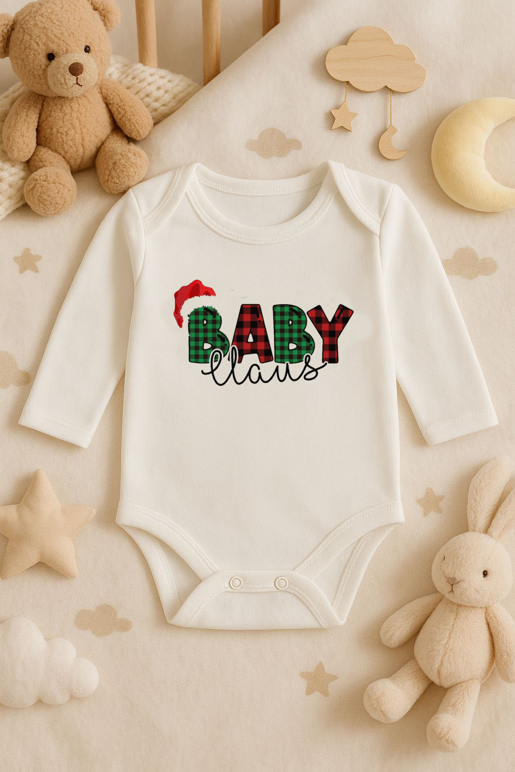 Yeni Yıl Baskılı Ekru Uzun Kol Bebek Zıbın