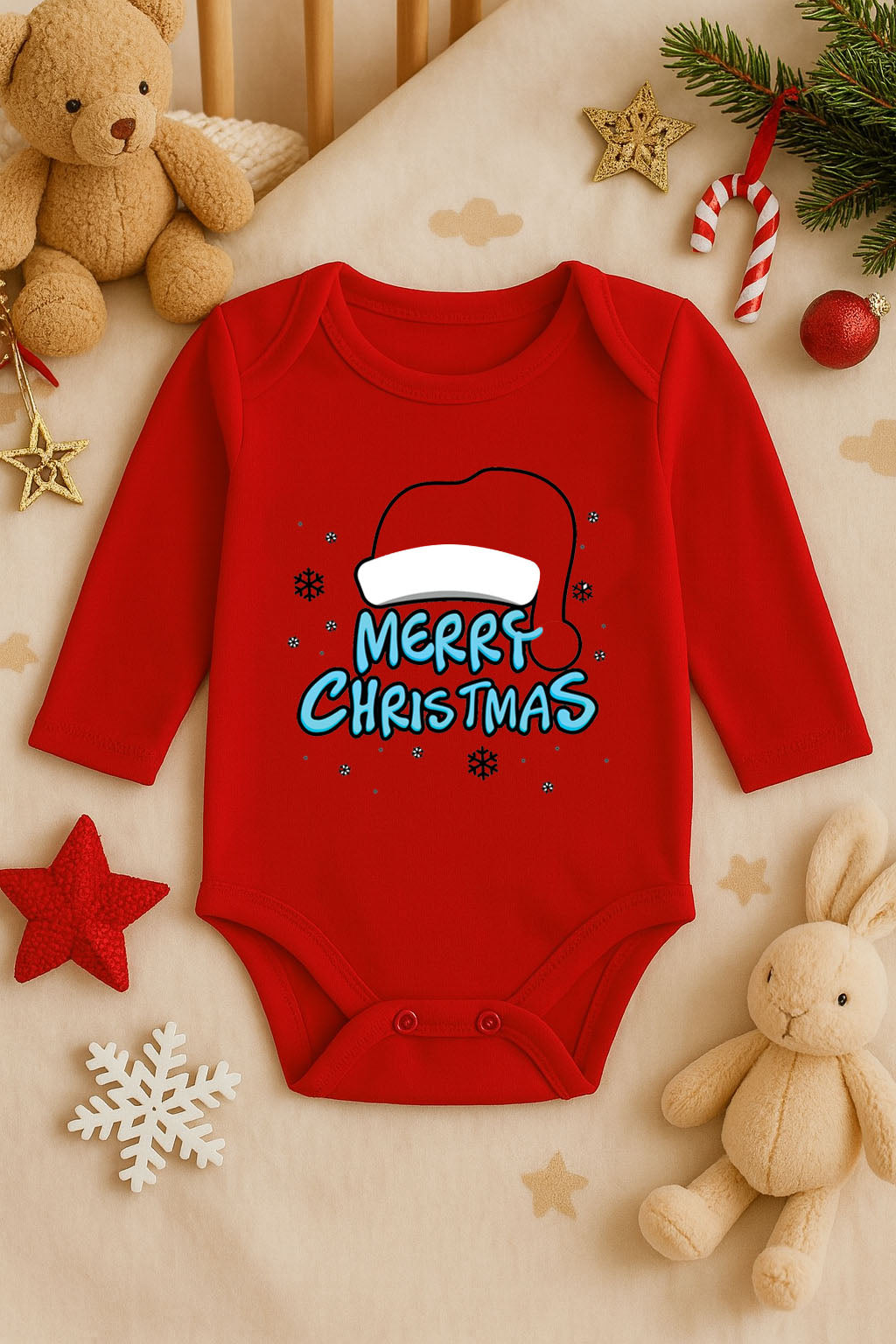 Yeni Yıl Baskılı Kırmızı Uzun Kol Bebek Zıbın