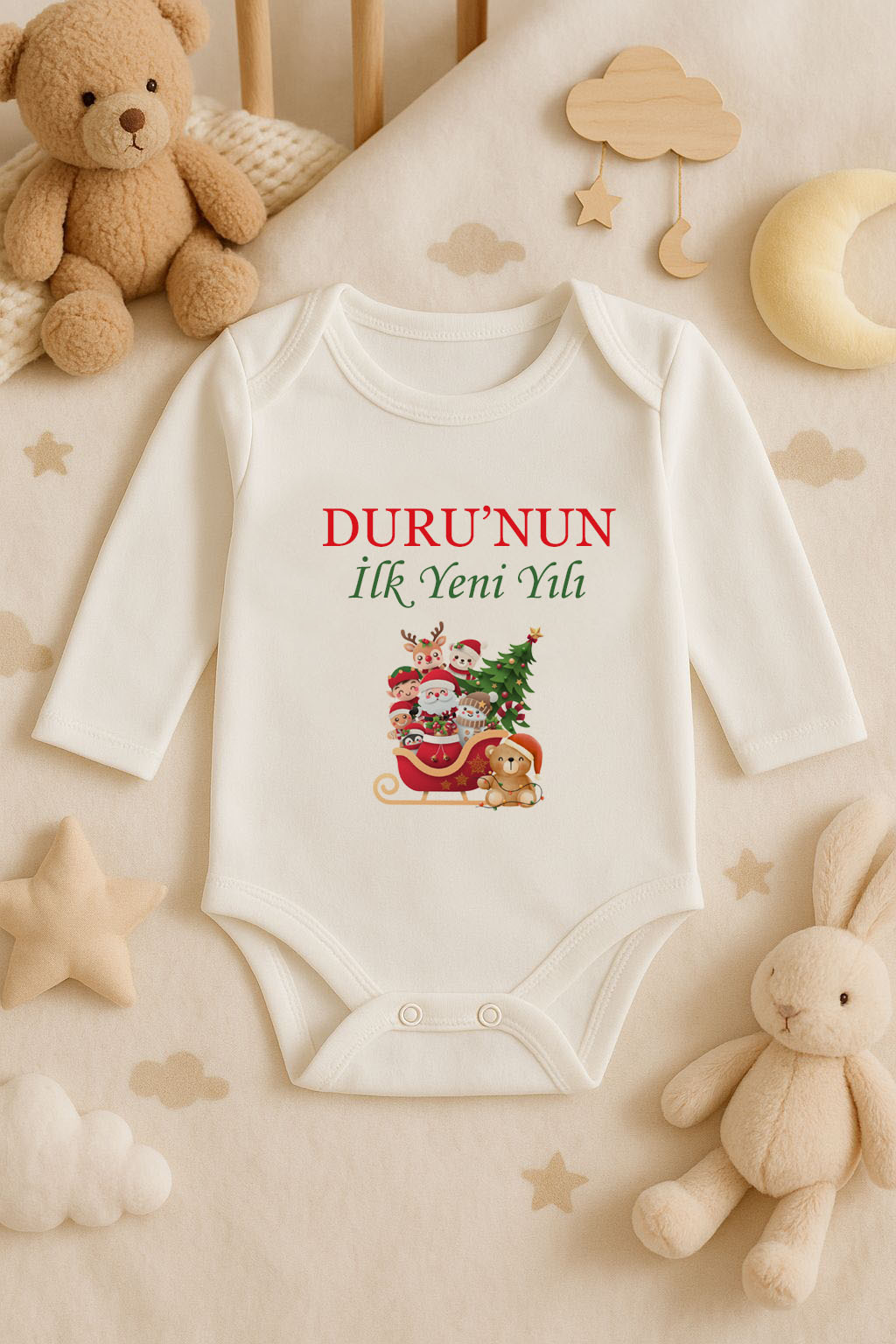 Yeni Yıl İsme Özel  Baskılı Ekru Uzun Kol Bebek Zıbın