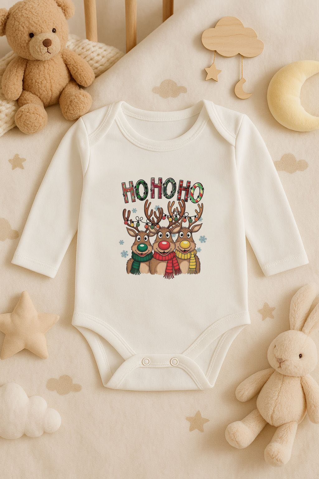 Yeni Yıl   Baskılı Ekru Uzun Kol Bebek Zıbın