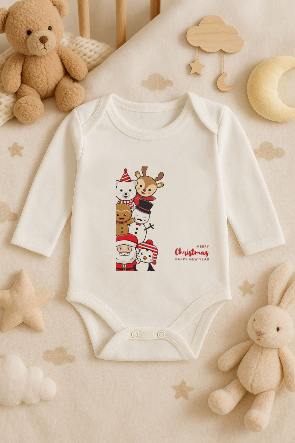 Yeni Yıl   Baskılı Ekru Uzun Kol Bebek Zıbın