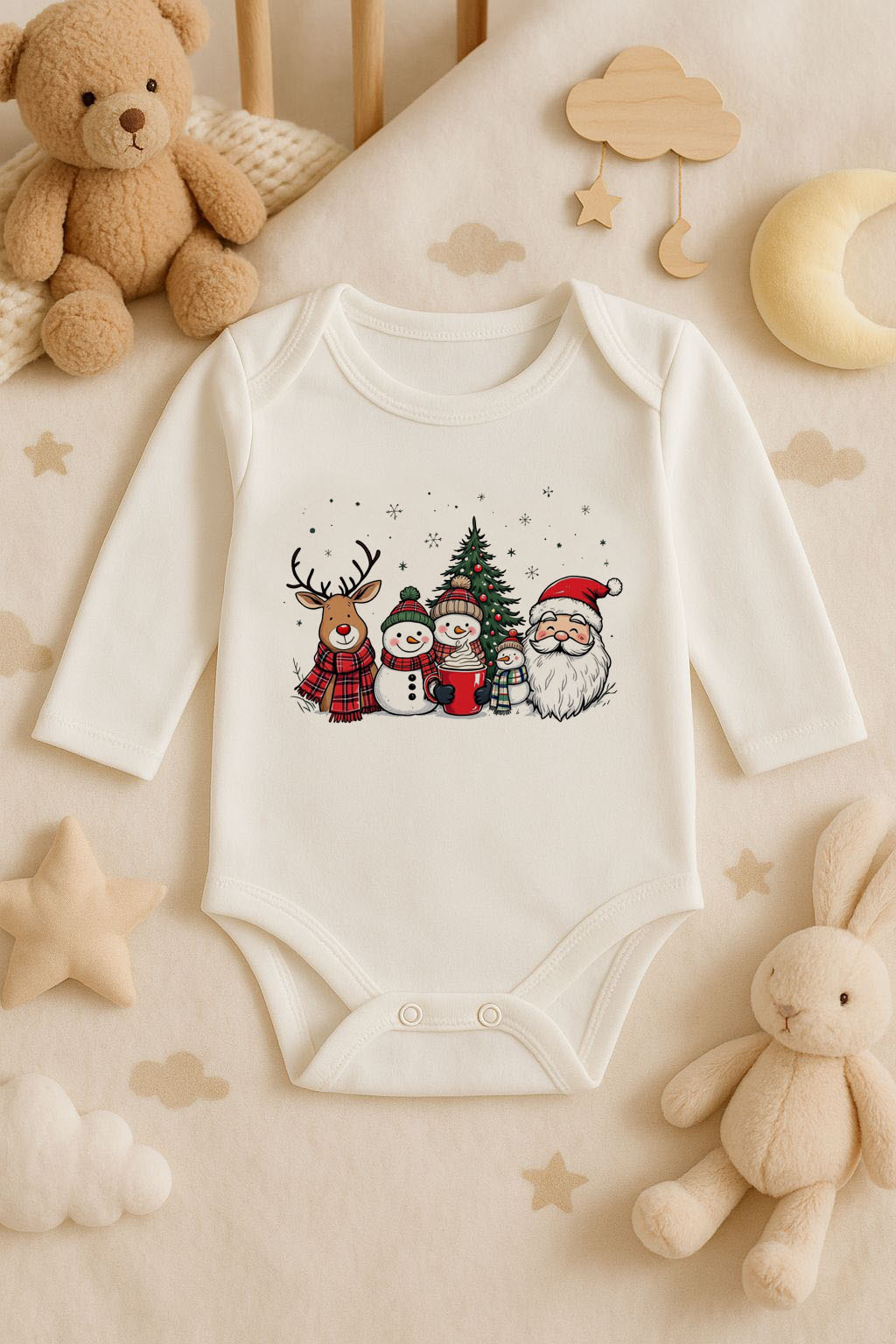 Yeni Yıl   Baskılı Ekru Uzun Kol Bebek Zıbın