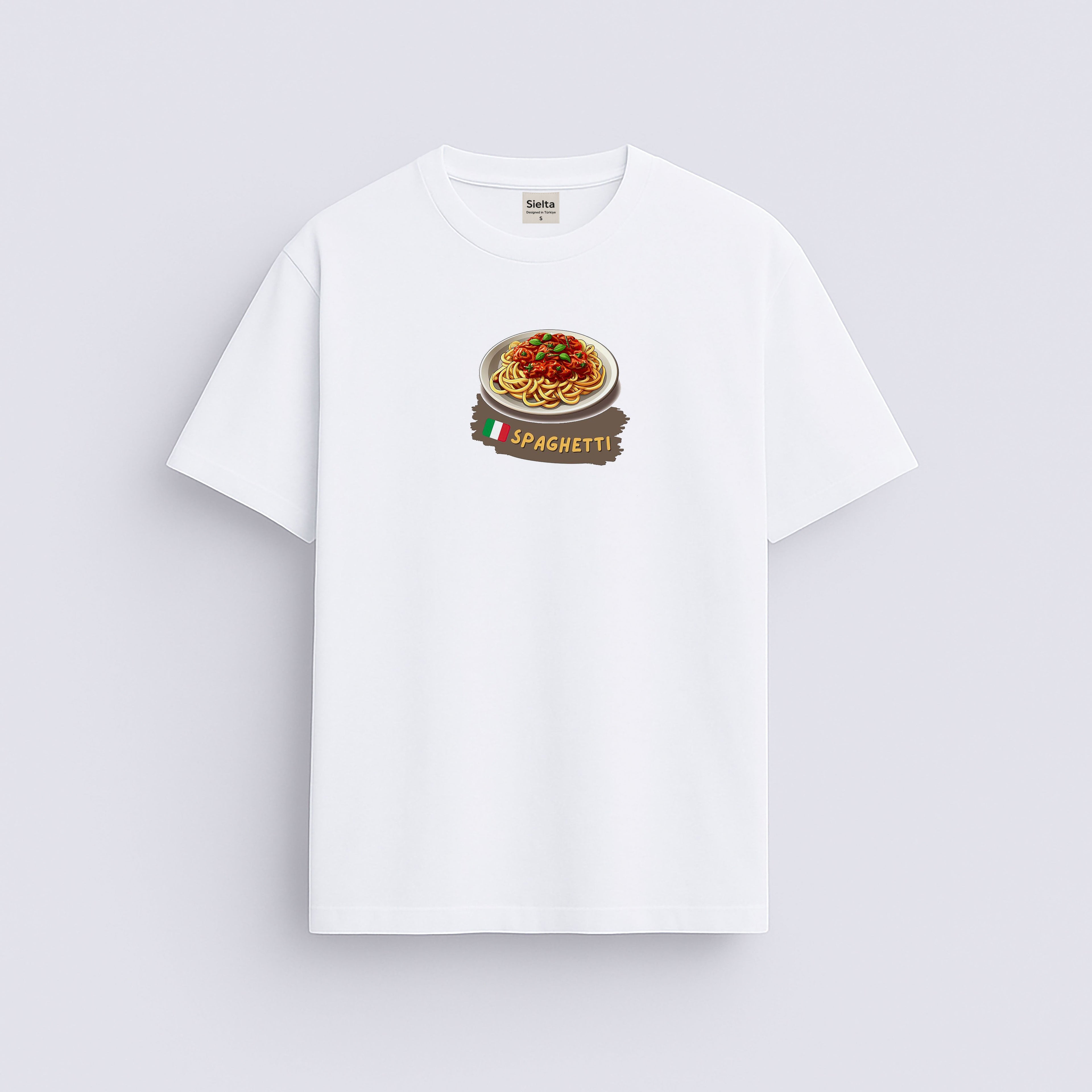 Spaghetti baskılı regular tişört