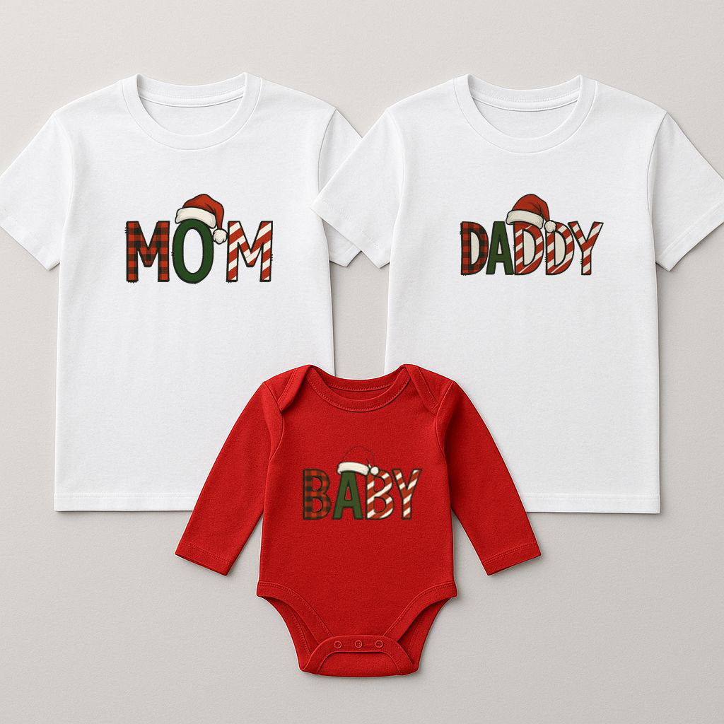 Mom Dad Baby Yeni Yıl Baskılı Anne Baba Bebek kombini