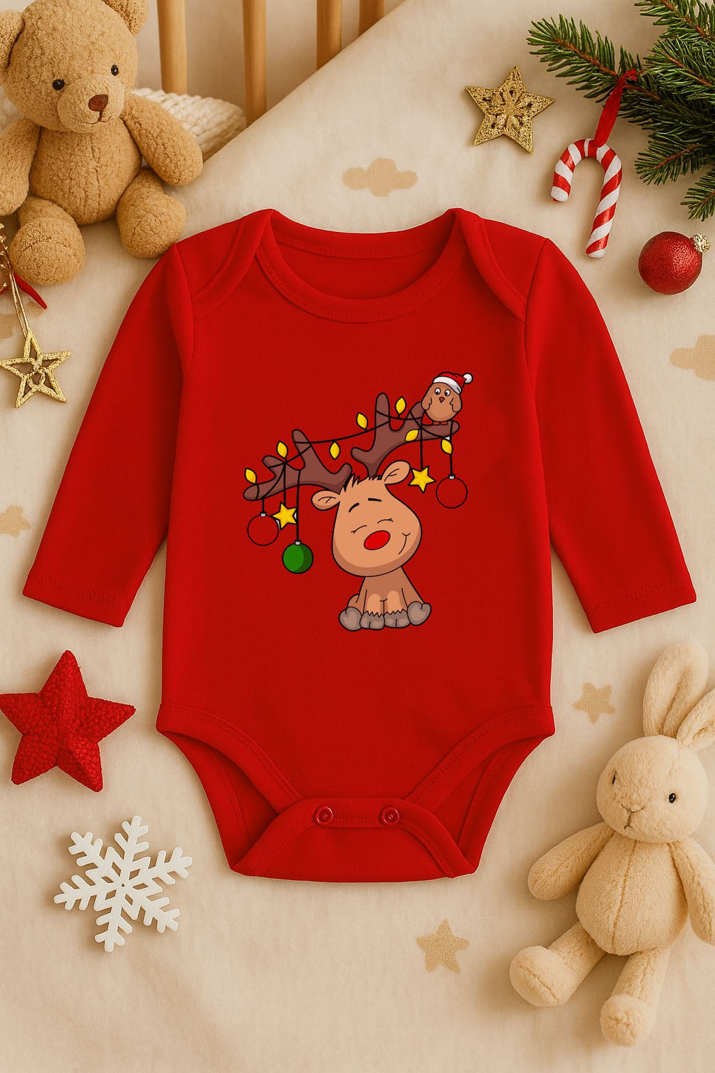 Yeni Yıl Baskılı Kırmızı Uzun Kol Bebek Zıbın