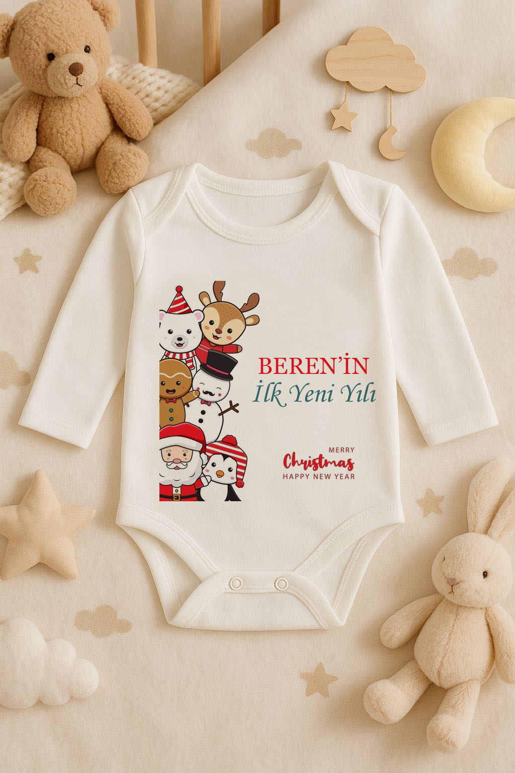Yeni Yıl İsme Özel  Baskılı Ekru Uzun Kol Bebek Zıbın